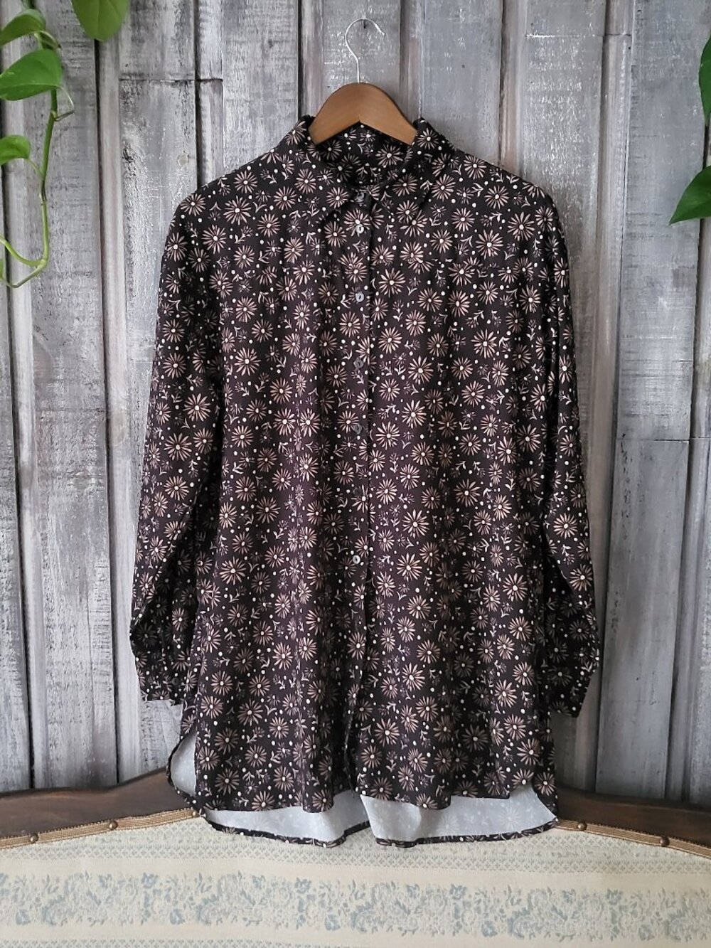Womance Floral Button Up Shirt Black Daisy Oversized Blouse Petite